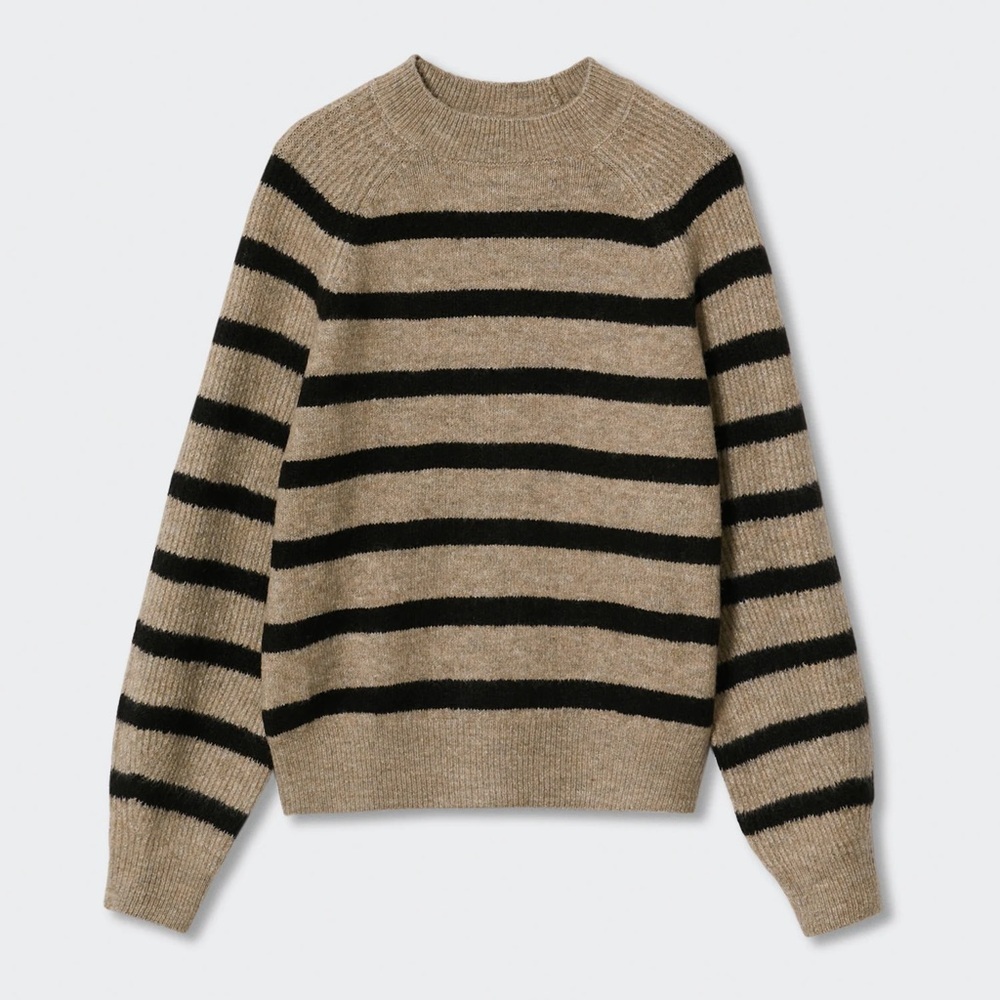 Mango MNG Striped Tan and Black Sweater with Perkins Neck